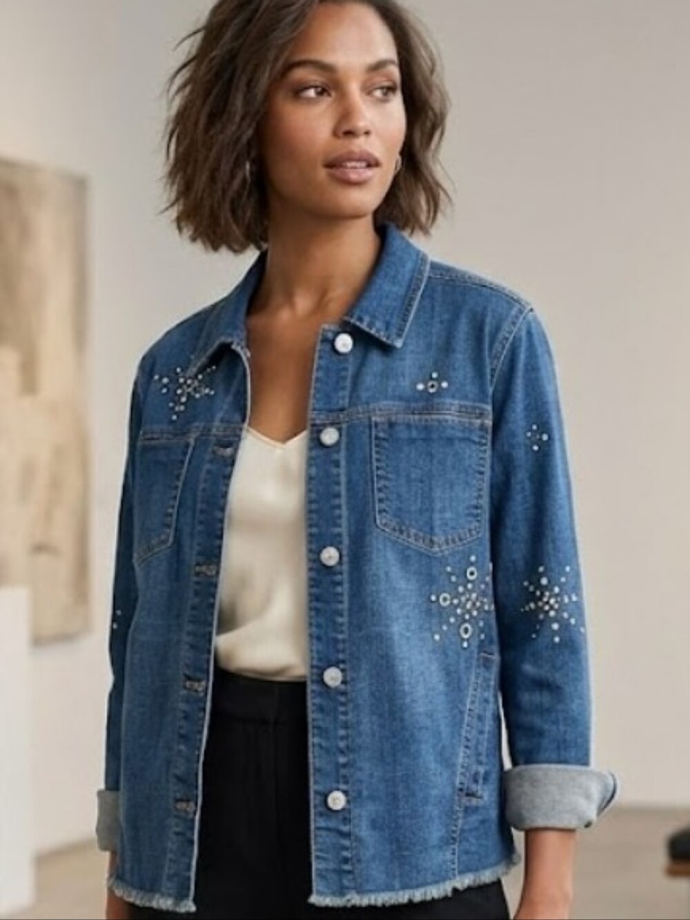 Chico's Dark Blue Denim Jacket with Stud Embellishments
